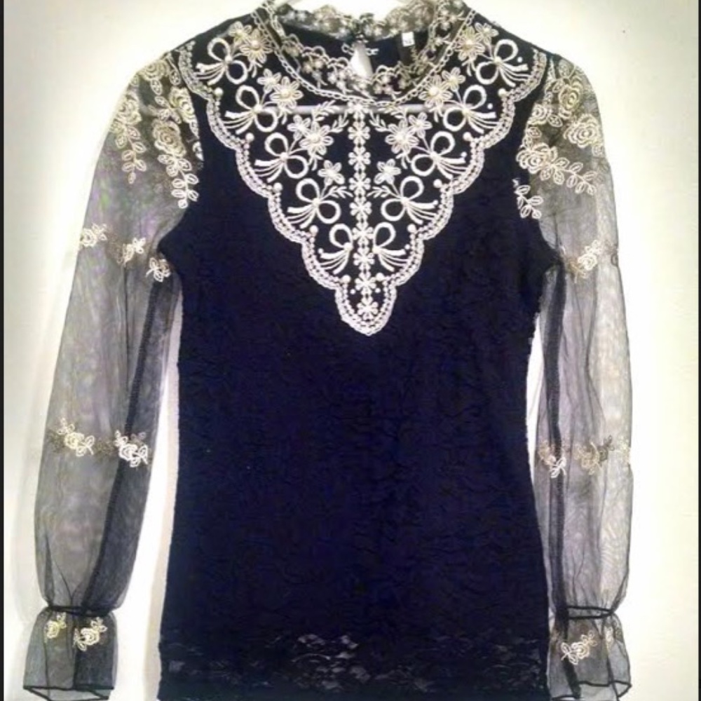 J. Guanl Victorian Designer Gold Lace Black Top